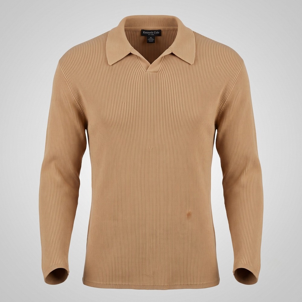 Kenneth Cole Mens XL Tan Cotton Sweater Polo Long Sleeve Ribbed Knit Casual
